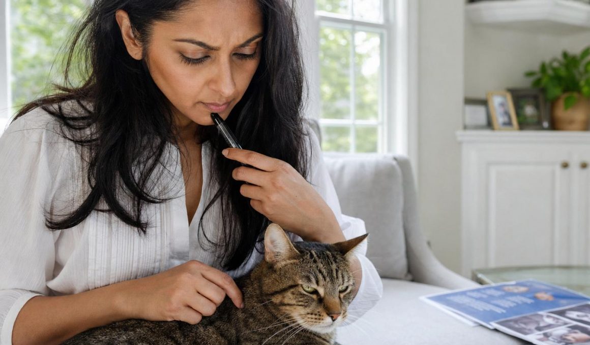 Femme réfléchissant avec son chat sur le canapé
