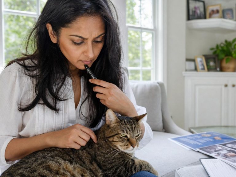 Femme réfléchissant avec son chat sur le canapé