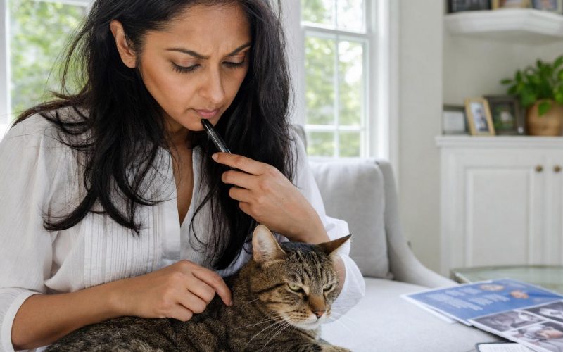 Femme réfléchissant avec son chat sur le canapé