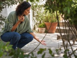 Femme accroupie tend la main à un chat