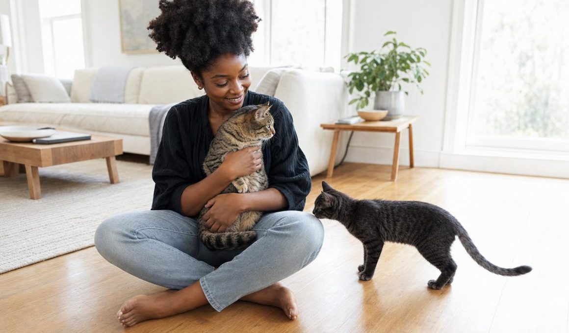 Femme assise tenant un chat, autre chat approche
