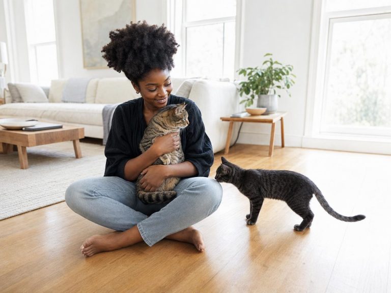 Femme assise tenant un chat, autre chat approche