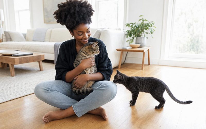 Femme assise tenant un chat, autre chat approche