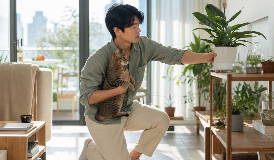 Homme tenant un chat ajuste une plante