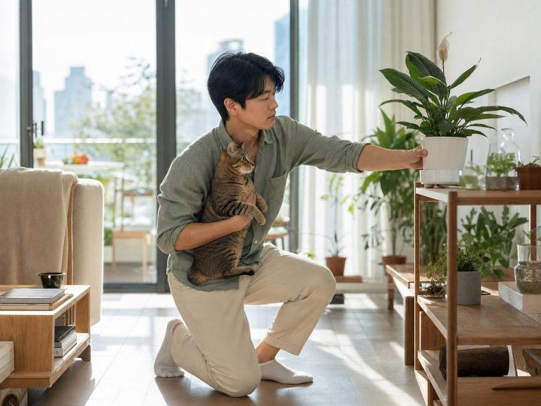 Homme tenant un chat ajuste une plante