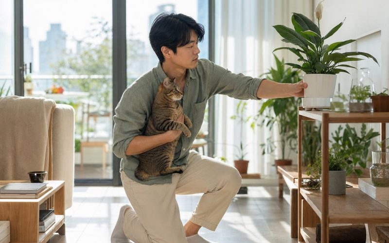 Homme tenant un chat ajuste une plante
