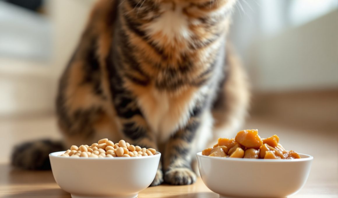 Chat devant deux bols de nourriture