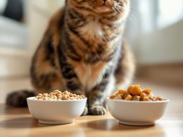 Chat devant deux bols de nourriture