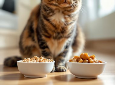 Chat devant deux bols de nourriture