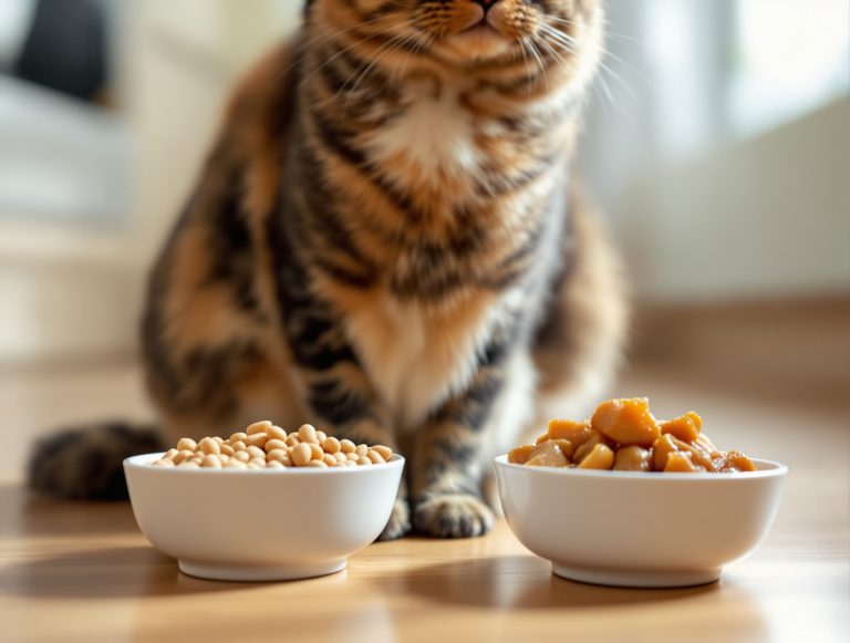 Chat devant deux bols de nourriture