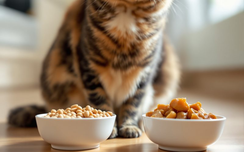 Chat devant deux bols de nourriture