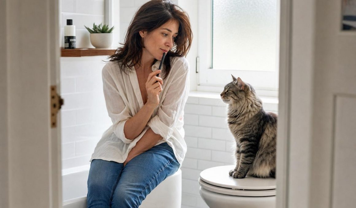 Femme dans salle de bain avec son chat