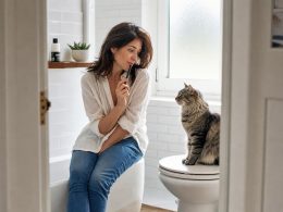 Femme dans salle de bain avec son chat