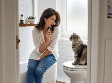 Femme dans salle de bain avec son chat