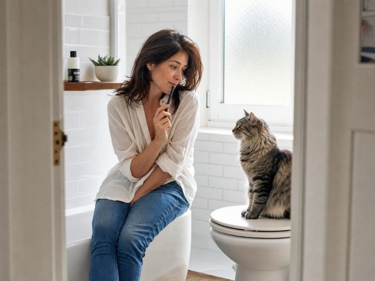 Femme dans salle de bain avec son chat