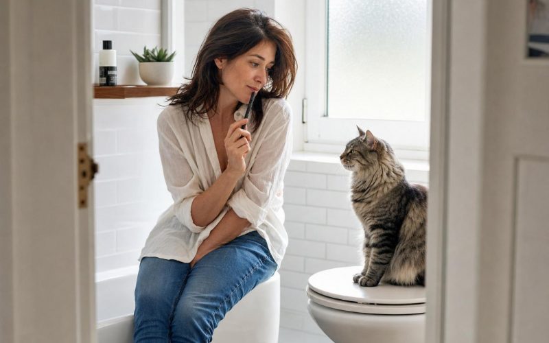 Femme dans salle de bain avec son chat