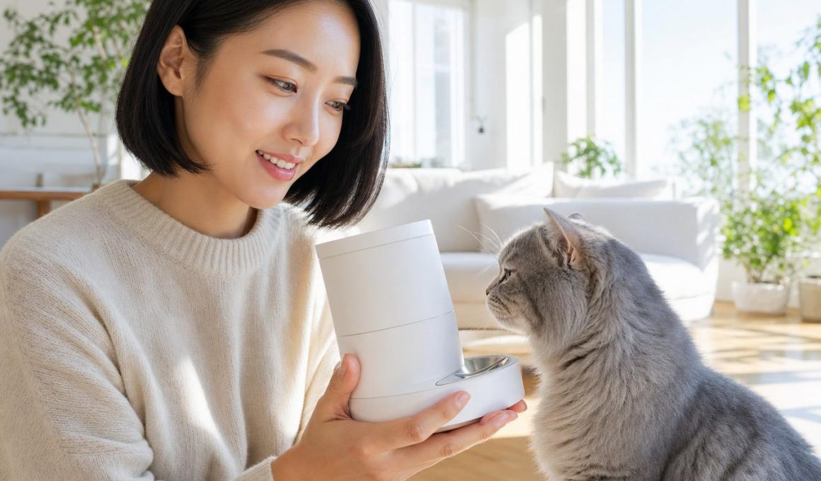 Femme tenant distributeur automatique devant chat gris