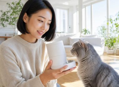 Femme tenant distributeur automatique devant chat gris