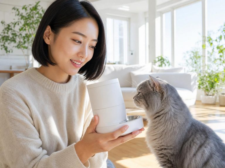 Femme tenant distributeur automatique devant chat gris