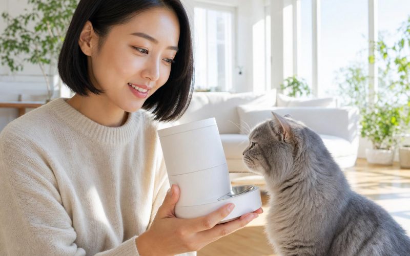 Femme tenant distributeur automatique devant chat gris