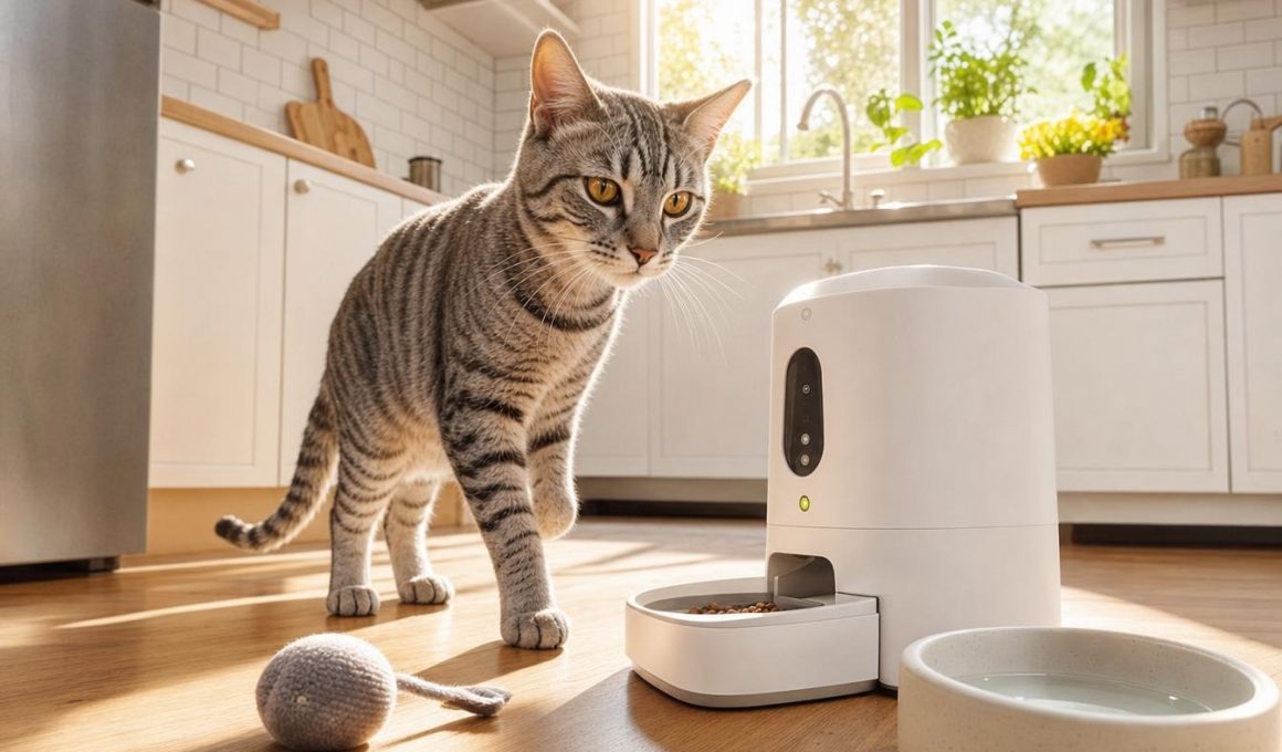 Chat tigré près d’un distributeur automatique de croquettes
