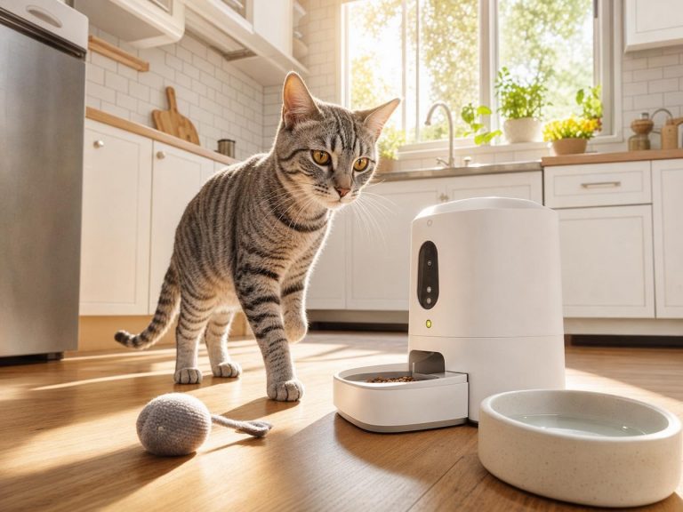 Chat tigré près d’un distributeur automatique de croquettes