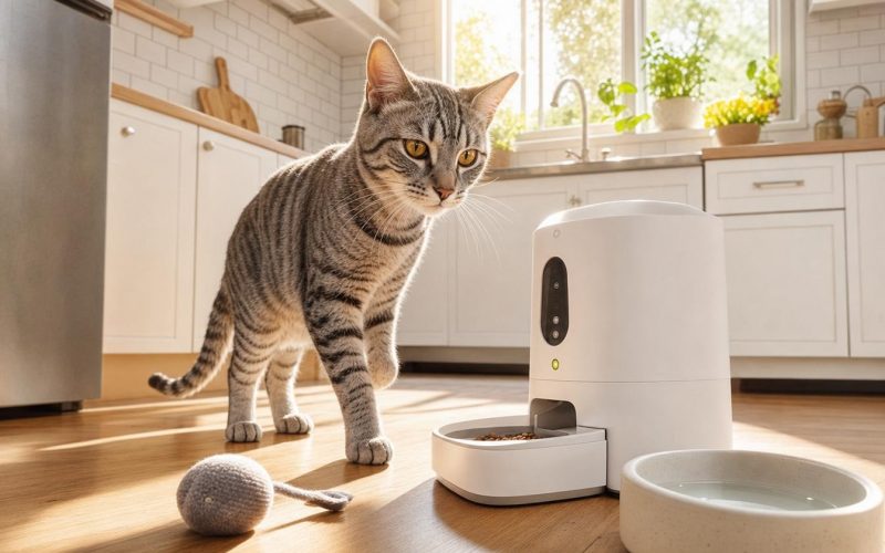 Chat tigré près d’un distributeur automatique de croquettes
