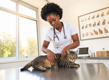 Vétérinaire examinant un chat tigré en clinique