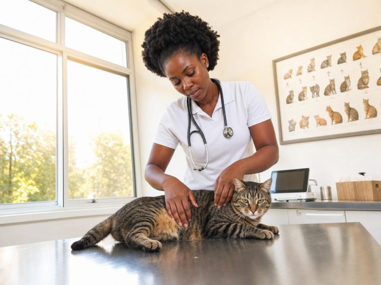 Vétérinaire examinant un chat tigré en clinique