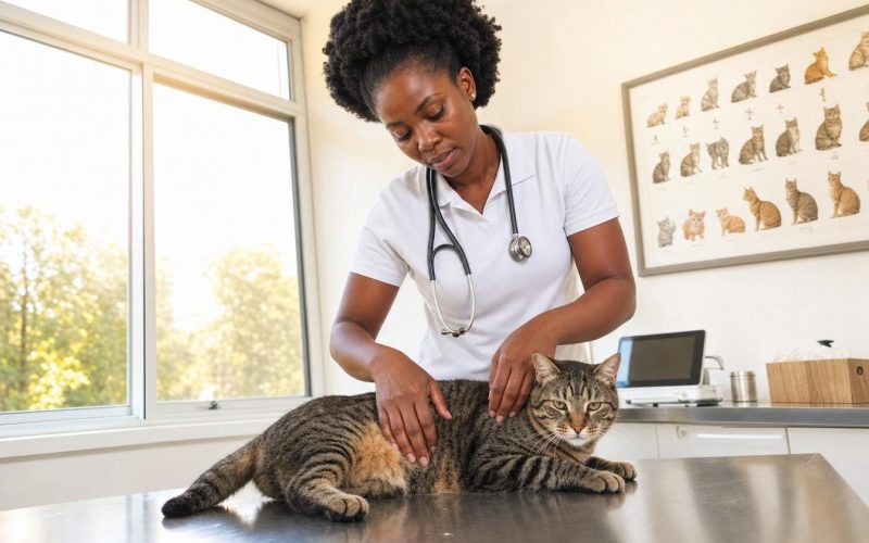 Vétérinaire examinant un chat tigré en clinique
