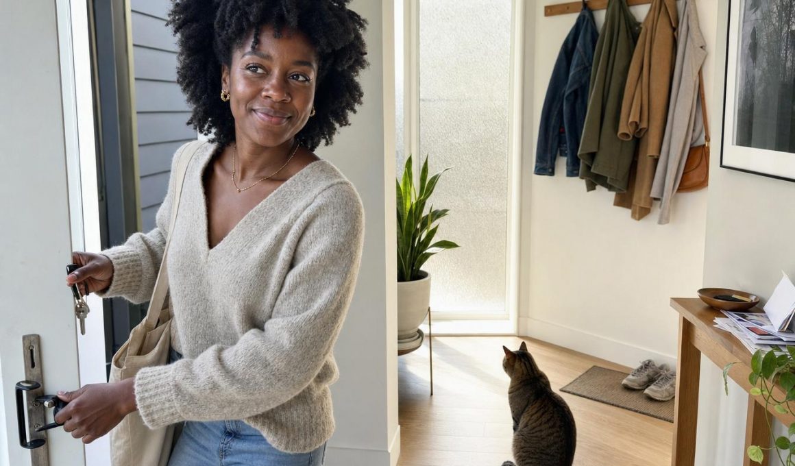 Une femme rentre chez elle et son chat, assis dans l'entree, oreilles tournees vers la porte, la reconnait avant meme de la voir