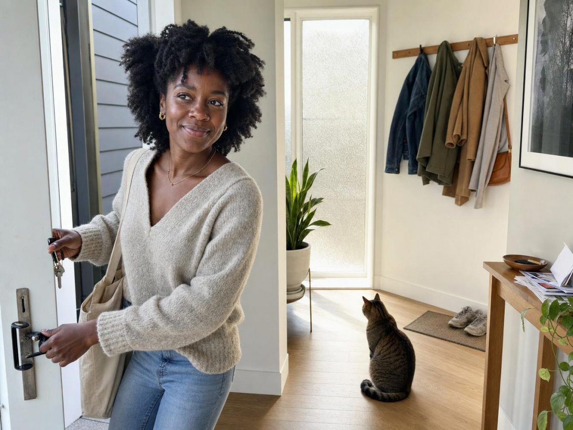 Une femme rentre chez elle et son chat, assis dans l'entree, oreilles tournees vers la porte, la reconnait avant meme de la voir