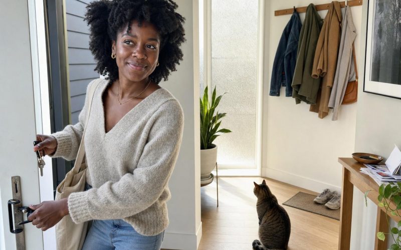 Une femme rentre chez elle et son chat, assis dans l'entree, oreilles tournees vers la porte, la reconnait avant meme de la voir