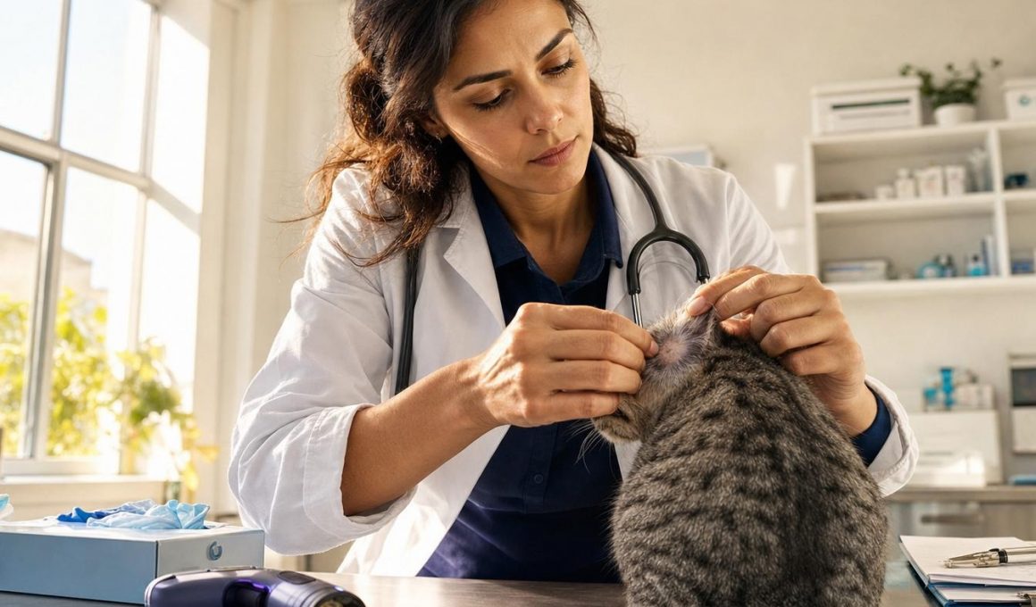Vétérinaire examinant l’oreille d’un chat tigré