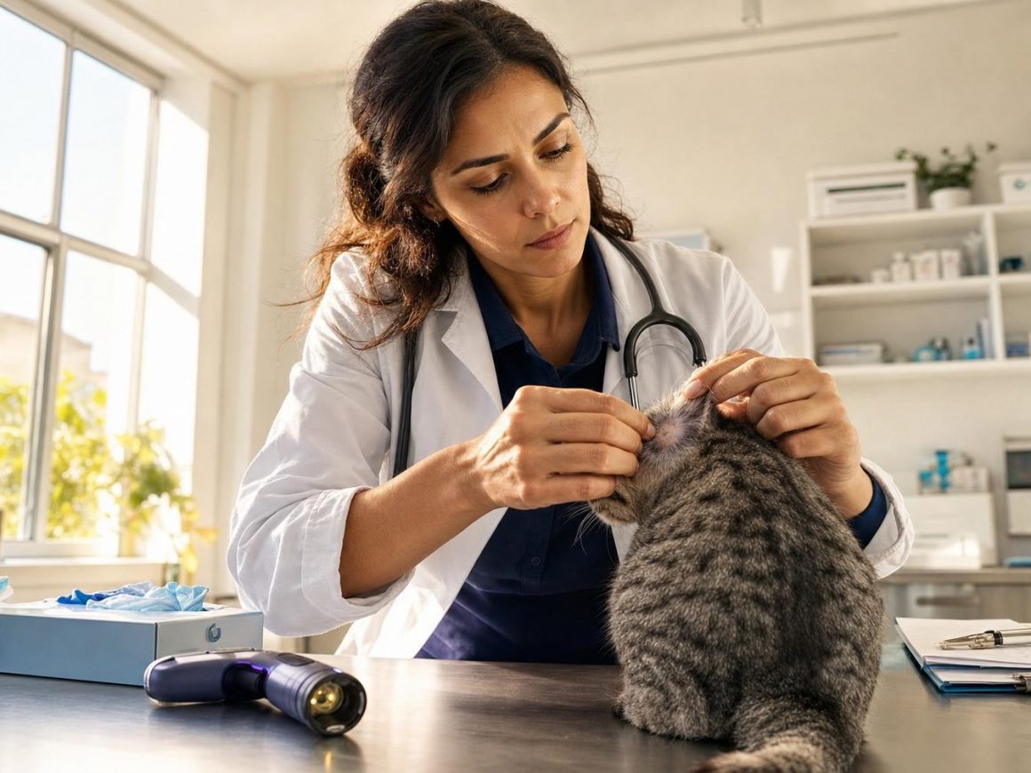 Vétérinaire examinant l’oreille d’un chat tigré