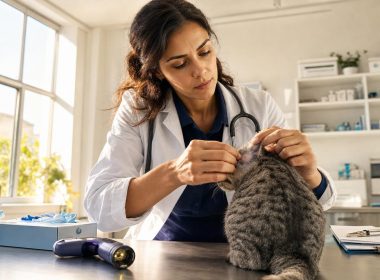 Vétérinaire examinant l’oreille d’un chat tigré