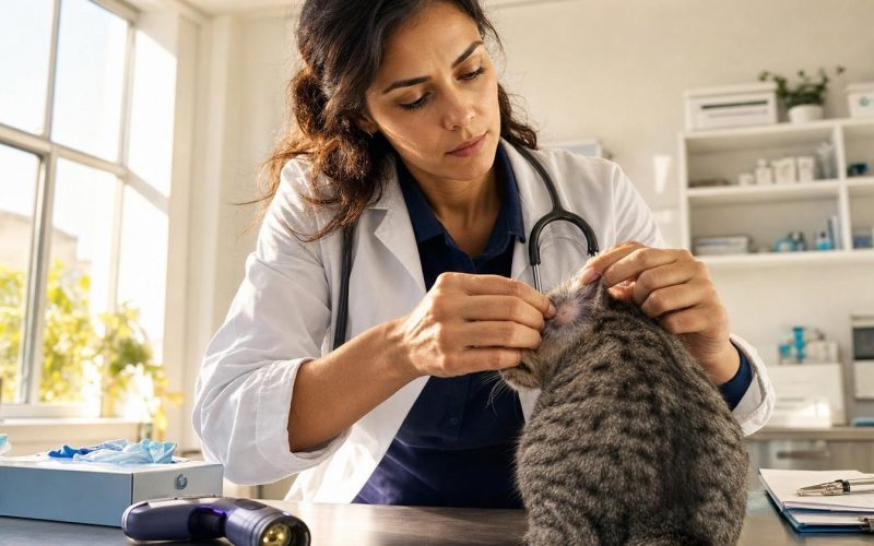 Vétérinaire examinant l’oreille d’un chat tigré