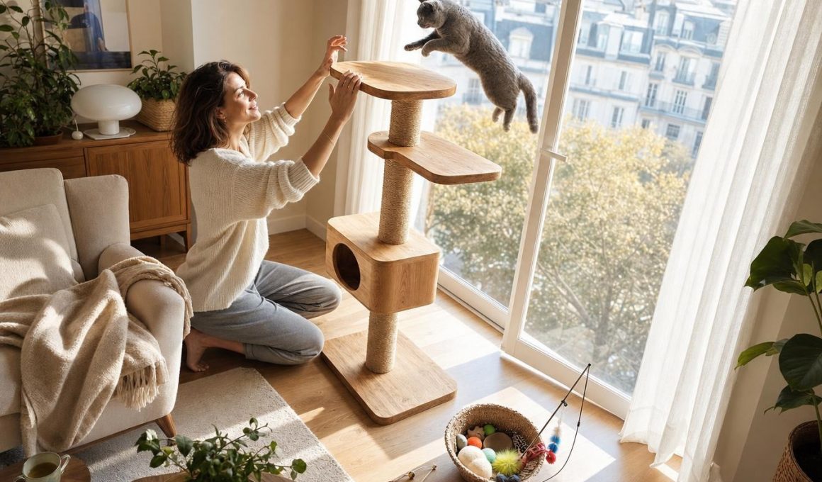 Femme jouant avec son chat sur un arbre à chat