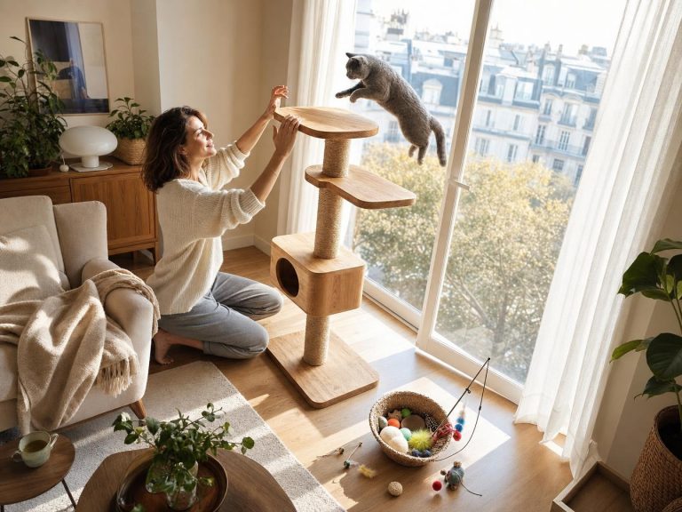 Femme jouant avec son chat sur un arbre à chat
