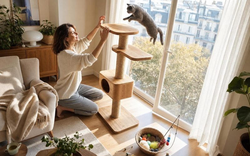 Femme jouant avec son chat sur un arbre à chat